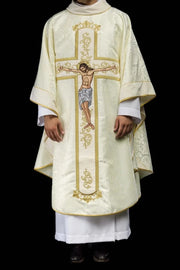Ecru Chasuble with image of Christ on the Cross — front view