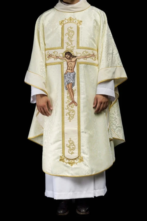 Ecru Chasuble with image of Christ on the Cross — front view