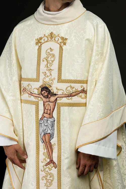 Ecru Chasuble with image of Christ on the Cross — full view