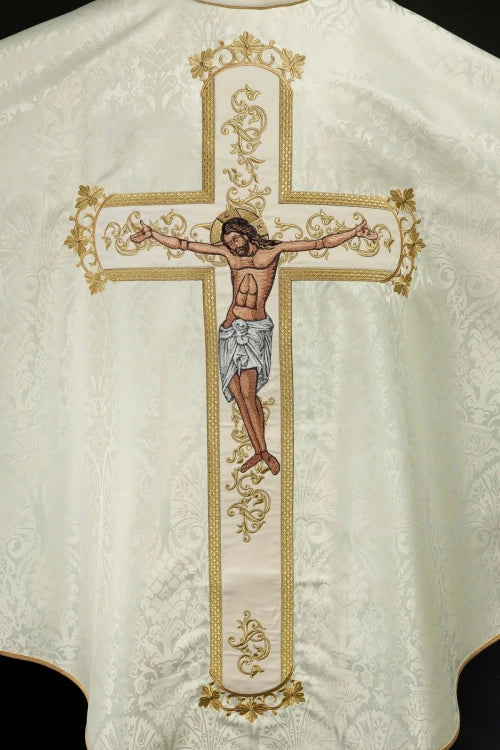 Ecru Chasuble with image of Christ on the Cross — decoration detail