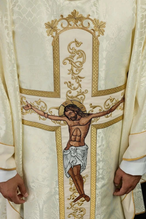 Ecru Chasuble with image of Christ on the Cross — back view