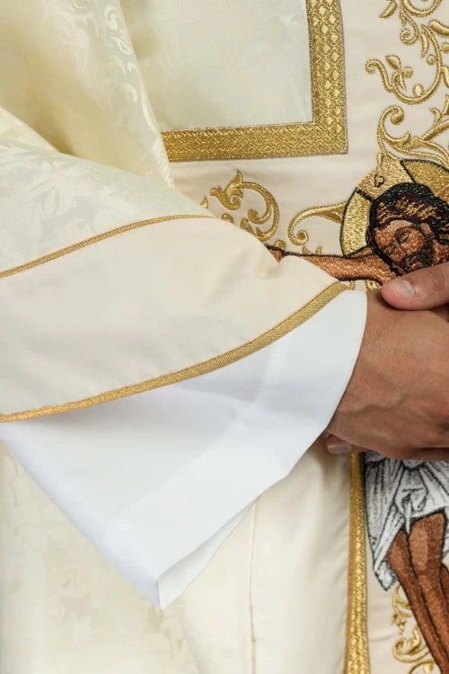 Ecru Chasuble with image of Christ on the Cross — close-up detail