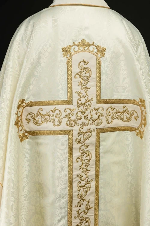 Ecru Chasuble with image of Christ on the Cross — collar detail