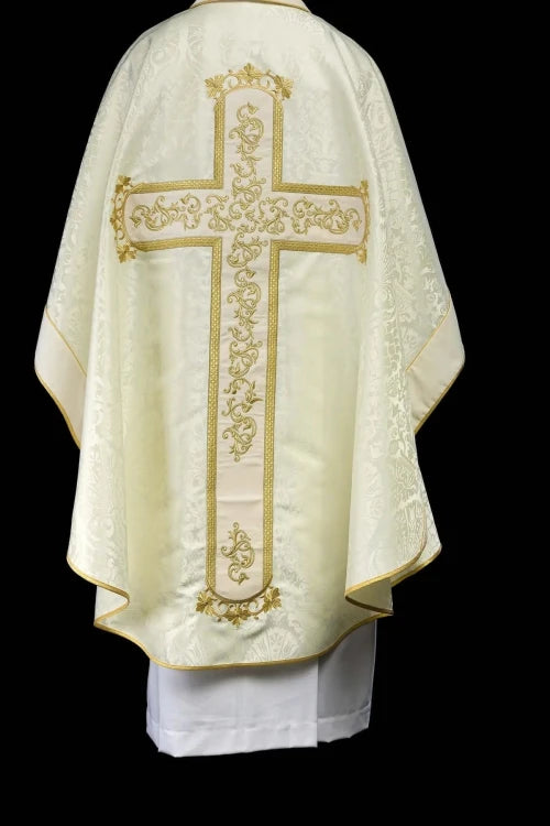 Ecru Chasuble with image of Christ on the Cross — fabric detail