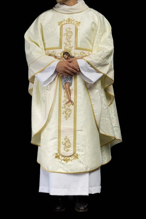 Ecru Chasuble with image of Christ on the Cross — vestment detail