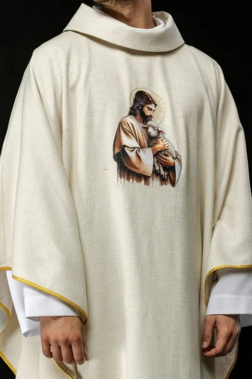 Ecru Chasuble with image of Jesus the Good Shepherd — front view
