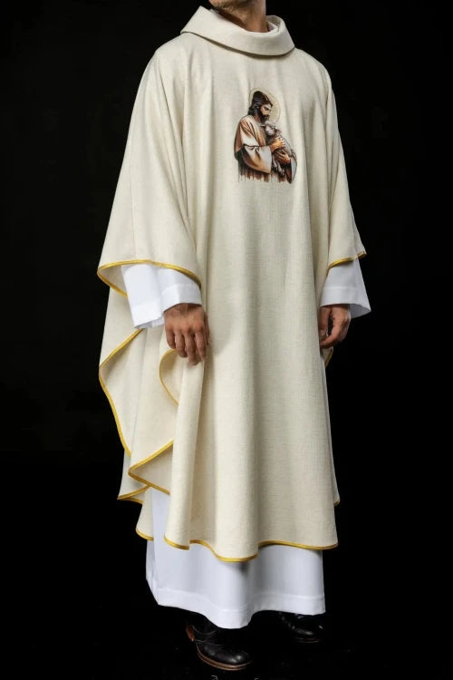 Ecru Chasuble with image of Jesus the Good Shepherd — full view