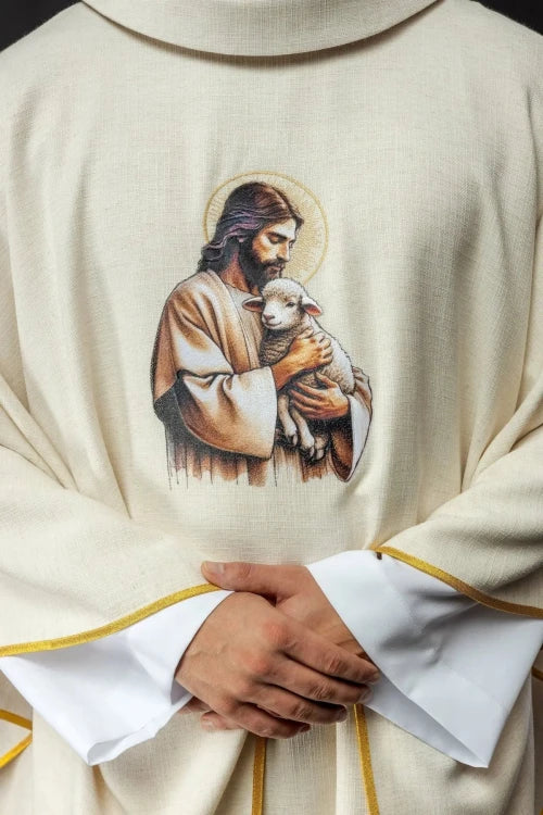 Ecru Chasuble with image of Jesus the Good Shepherd — decoration detail