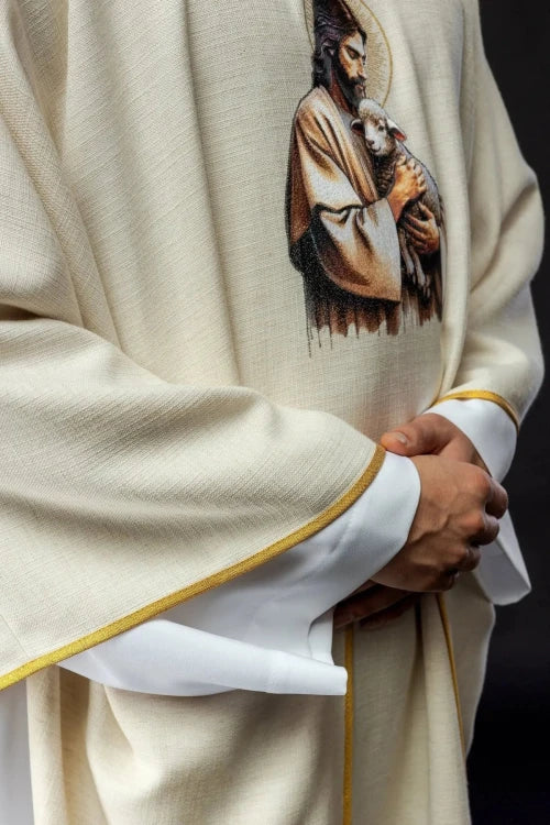 Ecru Chasuble with image of Jesus the Good Shepherd — back view