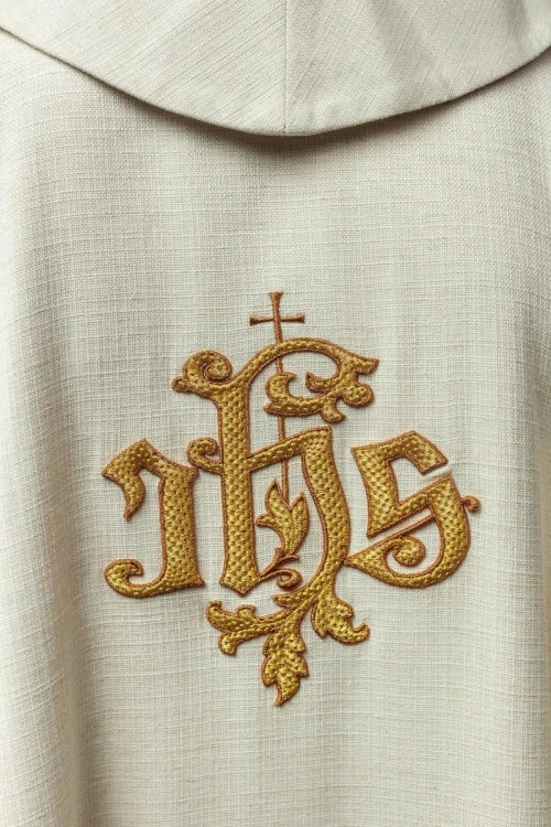 Ecru Chasuble with image of Jesus the Good Shepherd — side view