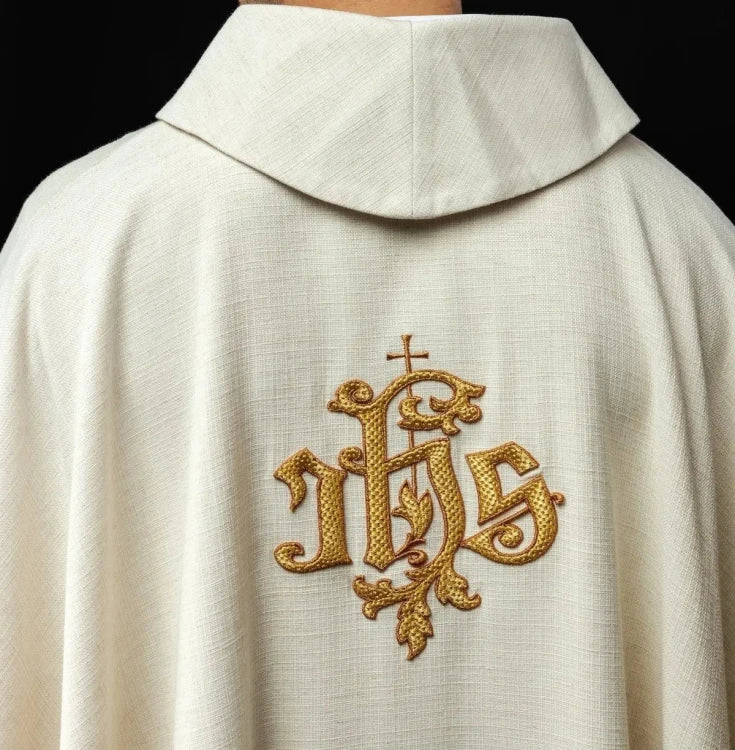 Ecru Chasuble with image of Jesus the Good Shepherd — collar detail