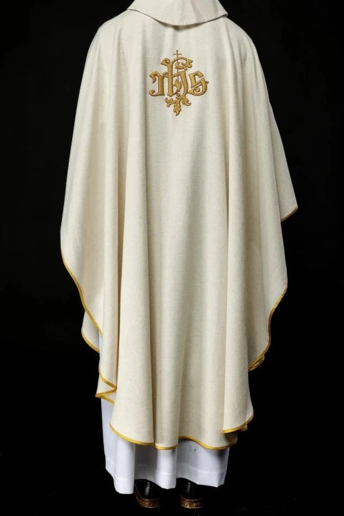Ecru Chasuble with image of Jesus the Good Shepherd — fabric detail