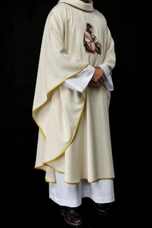 Ecru Chasuble with image of Jesus the Good Shepherd — vestment detail