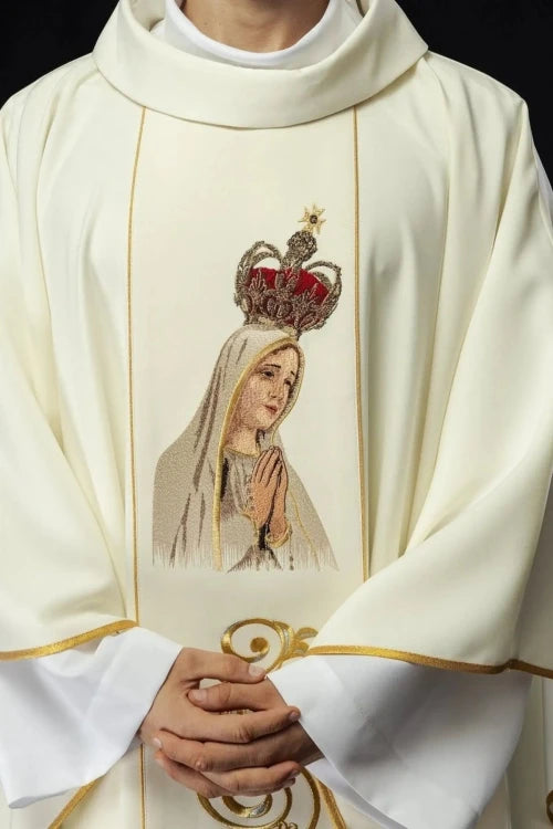 Ecru Chasuble with image of Our Lady of Fatima — front view