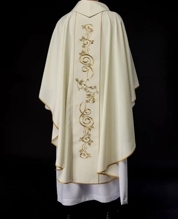 Ecru Chasuble with image of Our Lady of Fatima — side view