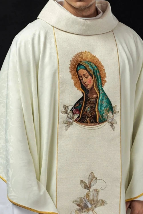 Ecru Chasuble with image of Our Lady of Guadalupe — front view