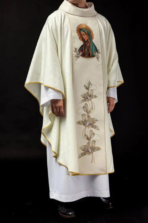 Ecru Chasuble with image of Our Lady of Guadalupe — full view