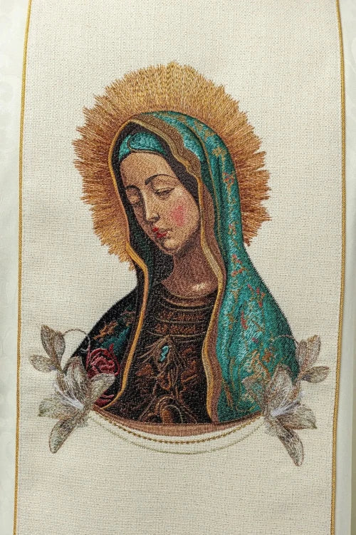 Ecru Chasuble with image of Our Lady of Guadalupe — decoration detail
