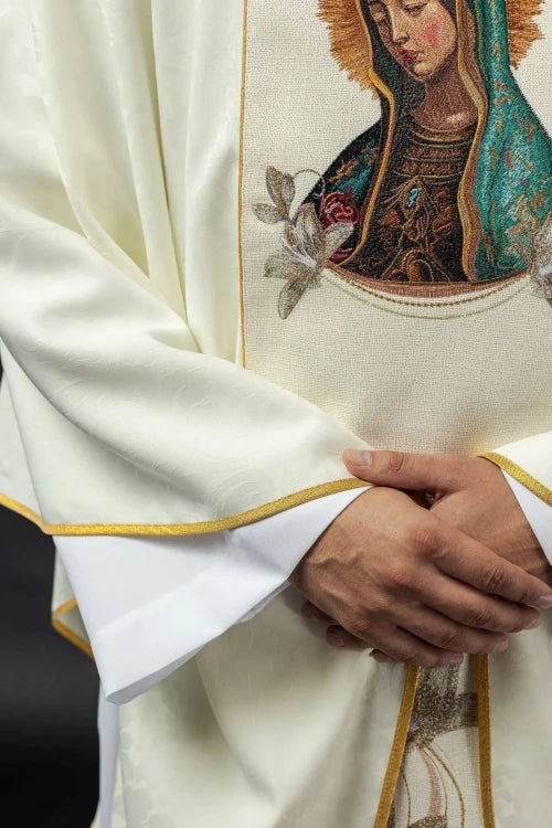 Ecru Chasuble with image of Our Lady of Guadalupe — back view