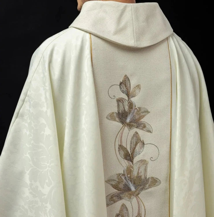 Ecru Chasuble with image of Our Lady of Guadalupe — close-up detail