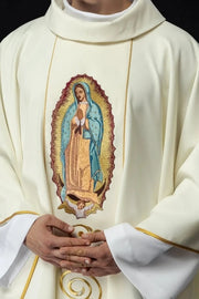 Ecru Chasuble with image of Our Lady of Guadalupe – Variant II — front view