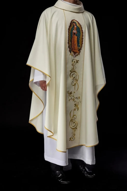 Ecru Chasuble with image of Our Lady of Guadalupe – Variant II — full view