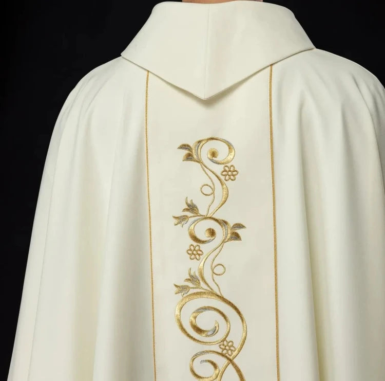 Ecru Chasuble with image of Our Lady of Guadalupe – Variant II — side view