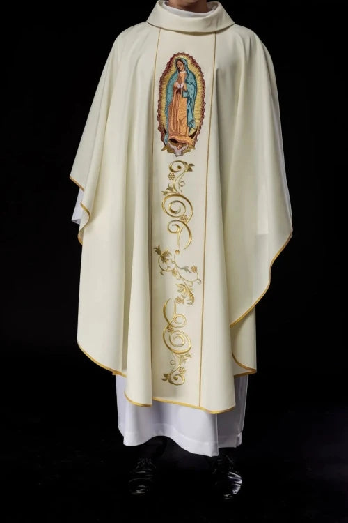 Ecru Chasuble with image of Our Lady of Guadalupe – Variant II — fabric detail