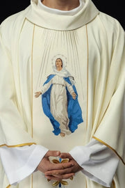 Ecru Chasuble with image of Our Lady of the Assumption — front view