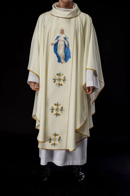 Ecru Chasuble with image of Our Lady of the Assumption — full view