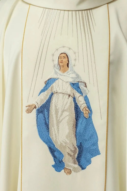 Ecru Chasuble with image of Our Lady of the Assumption — decoration detail