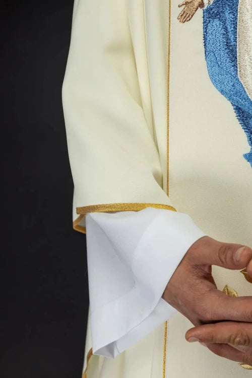 Ecru Chasuble with image of Our Lady of the Assumption — close-up detail