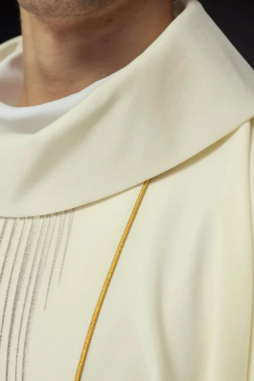 Ecru Chasuble with image of Our Lady of the Assumption — side view