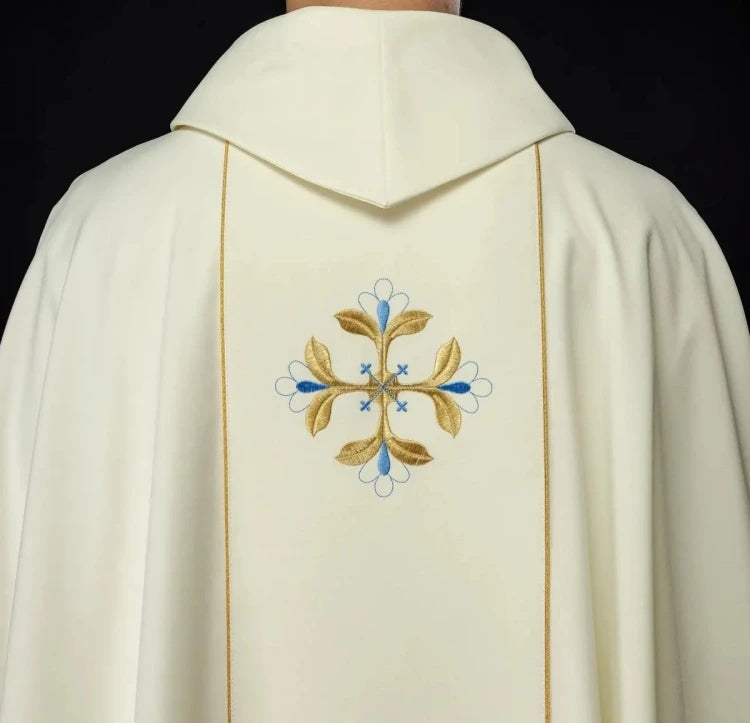 Ecru Chasuble with image of Our Lady of the Assumption — collar detail
