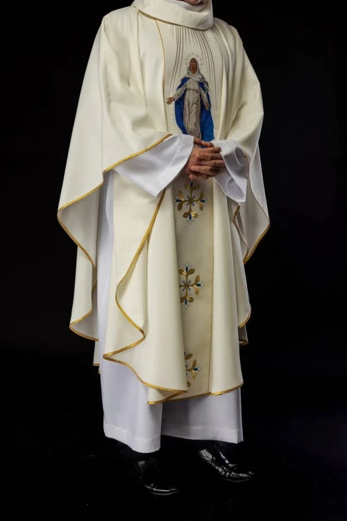 Ecru Chasuble with image of Our Lady of the Assumption — vestment detail