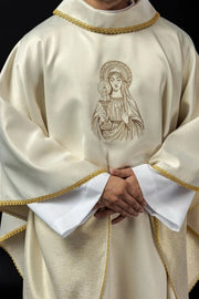 Ecru Chasuble with image of Our Lady of the Miraculous Medal — front view