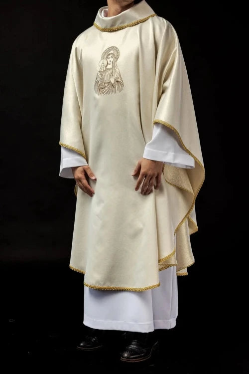 Ecru Chasuble with image of Our Lady of the Miraculous Medal — full view