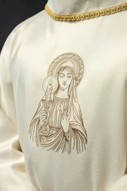 Ecru Chasuble with image of Our Lady of the Miraculous Medal — decoration detail