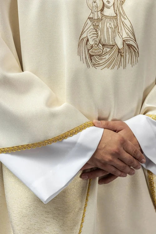 Ecru Chasuble with image of Our Lady of the Miraculous Medal — back view