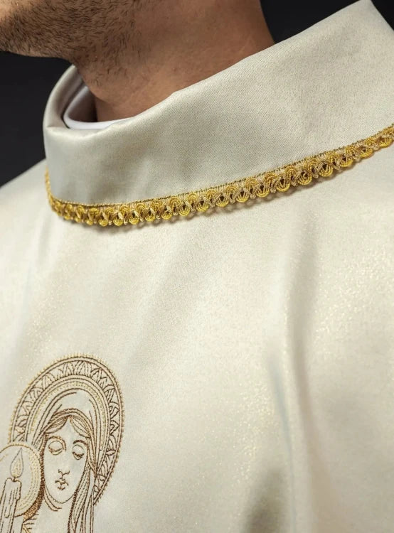 Ecru Chasuble with image of Our Lady of the Miraculous Medal — close-up detail