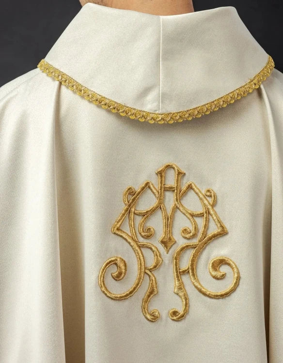 Ecru Chasuble with image of Our Lady of the Miraculous Medal — side view