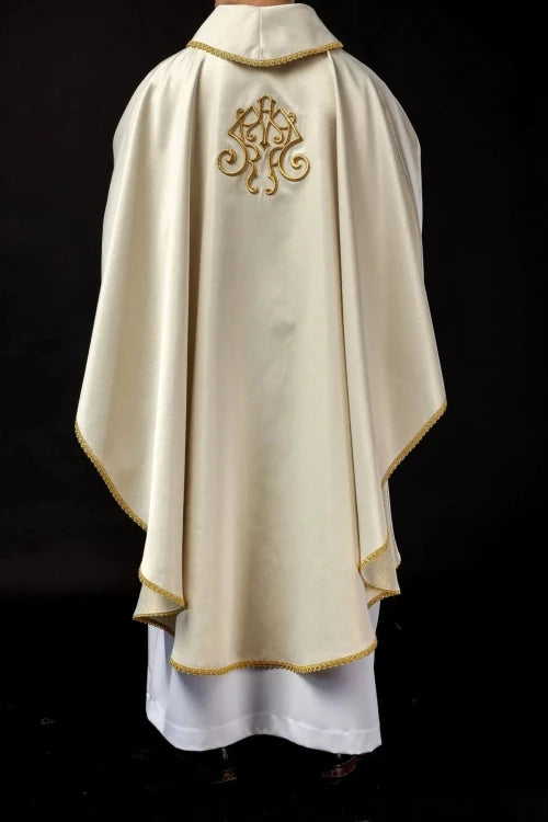 Ecru Chasuble with image of Our Lady of the Miraculous Medal — collar detail
