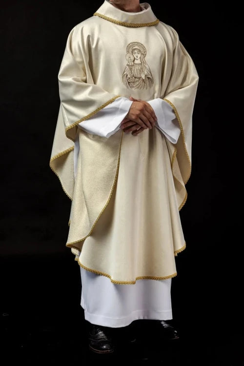 Ecru Chasuble with image of Our Lady of the Miraculous Medal — fabric detail