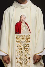 Ecru Chasuble with image of Pope John Paul II — front view