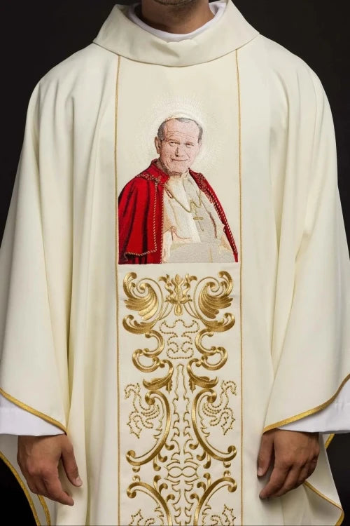 Ecru Chasuble with image of Pope John Paul II — front view
