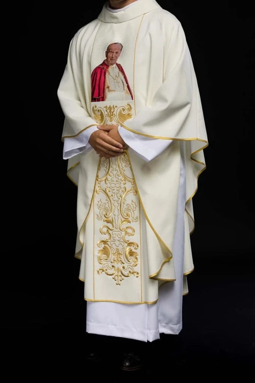 Ecru Chasuble with image of Pope John Paul II — full view