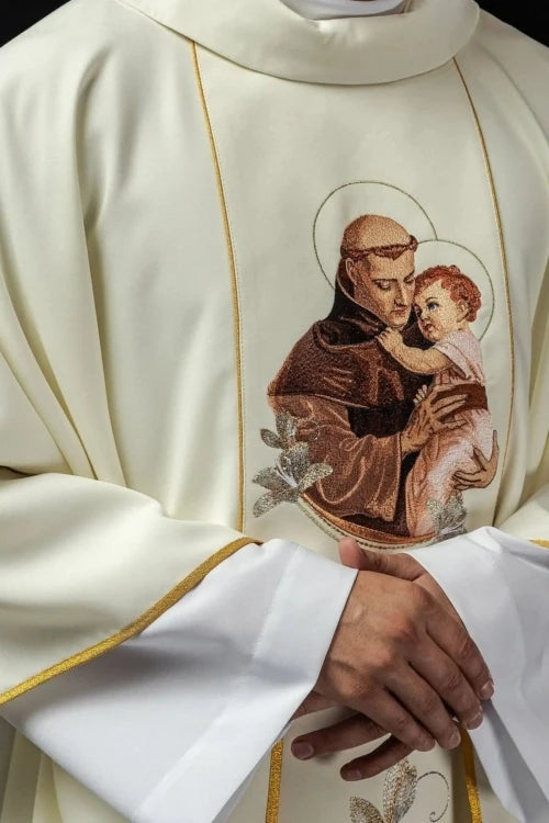 Ecru Chasuble with image of Saint Anthony — front view
