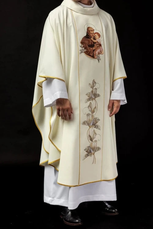 Ecru Chasuble with image of Saint Anthony — full view