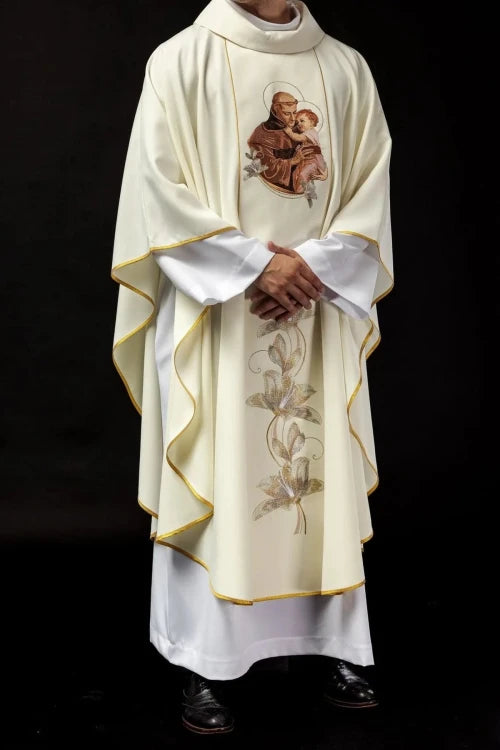 Ecru Chasuble with image of Saint Anthony — side view