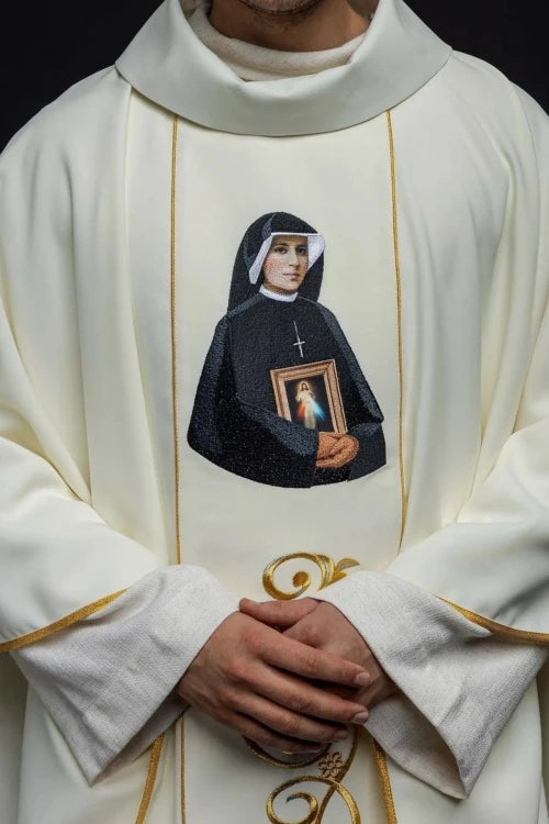 Ecru Chasuble with image of Saint Faustina — front view